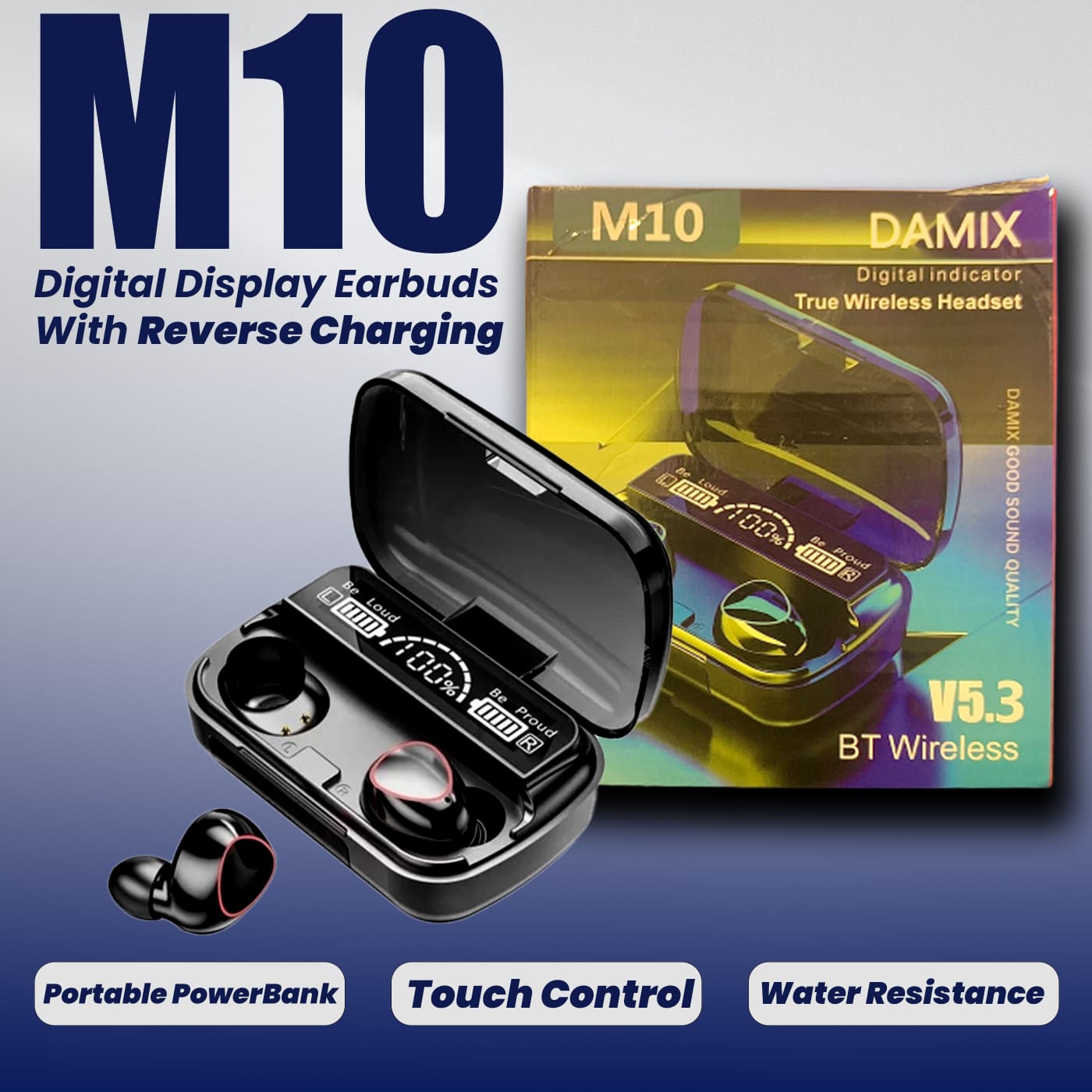 M10 and i12 TWS Wireless Bluetooth Earbuds V5.0 with Touch Sensor and Built-in Mic, True Stereo, 10m Transmission, Charging Case, Sports Headset for All Bluetooth Devices - Black