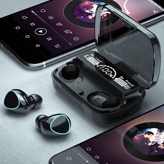M10 and i12 TWS Wireless Bluetooth Earbuds V5.0 with Touch Sensor and Built-in Mic, True Stereo, 10m Transmission, Charging Case, Sports Headset for All Bluetooth Devices - Black