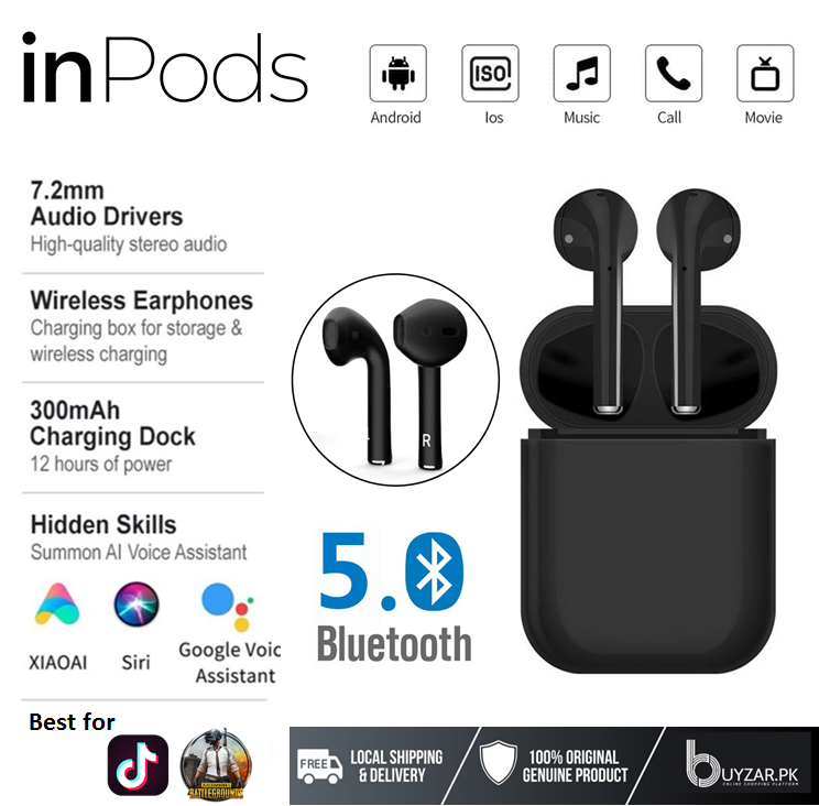 M10 and i12 TWS Wireless Bluetooth Earbuds V5.0 with Touch Sensor and Built-in Mic, True Stereo, 10m Transmission, Charging Case, Sports Headset for All Bluetooth Devices - Black